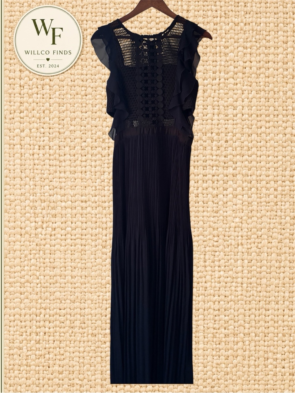 Apart Glamour Women’s US 6 Navy Blue Pleated Maxi Dress Crochet Ruffle Formal